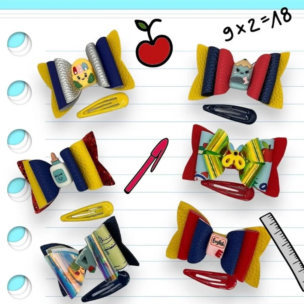Back to School Hair Bow Faux Leather for Girls & Toddler Snap Clip Kindergarten